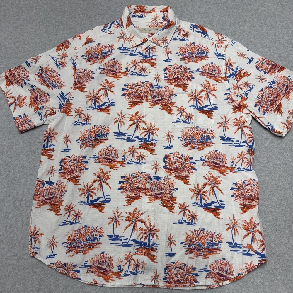 Tommy Bahama Shirt Mens Large White Palm Tree Hawaiian Short Sleeve Cotton Rayon